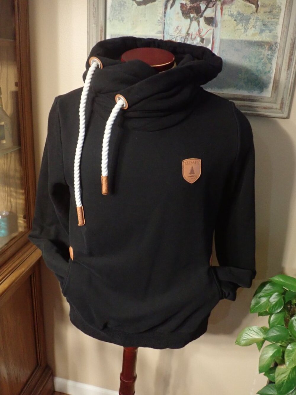 Wanakome Artemis Large Hoodie Black Cowl Neck Vegan Leather Cozy Heavy Weight